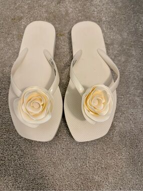 Target White Flip Flop Sandals with Cream Rose Accent